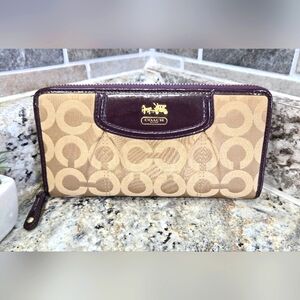 EUC Coach Purple/Tan Op Art Fabric and Leather Madison Continental Wallet